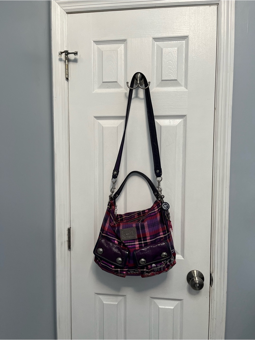Coach Poppy Tartan Plaid Crossbody Hobo Purple Hangtags #16120 Silver Y2K - Picture 3 of 17